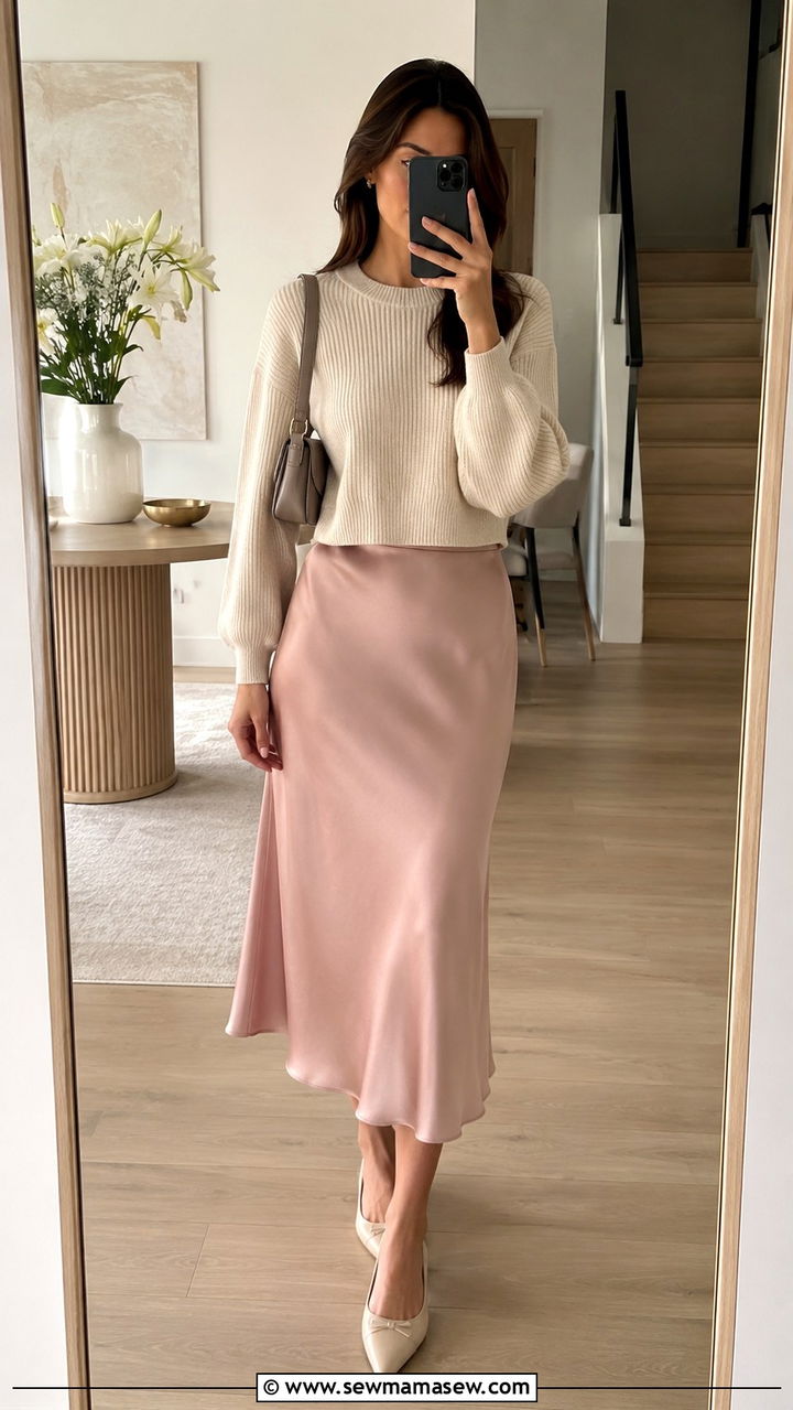Satin Midi Skirt With Knit Sweater - 30 Office outfits with midi skirt