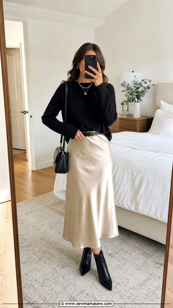 Satin Midi Skirt With Knit Sweater Outfit - 35 glamoratti outfits for women