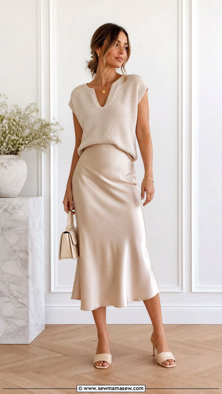 Satin Midi Skirt With Knit Top And Mules - 30 Bottomless brunch outfit ideas