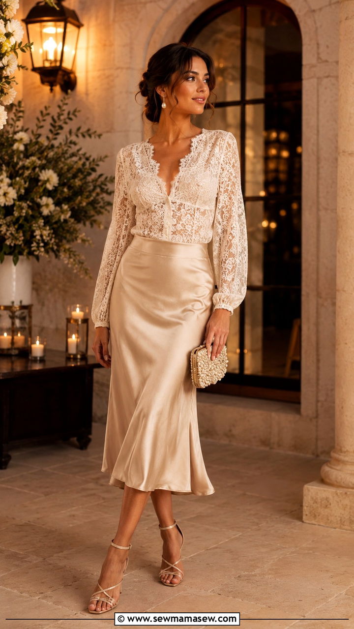 Satin Midi Skirt With Lace Blouse - 25 Boho outfit ideas with midi skirt
