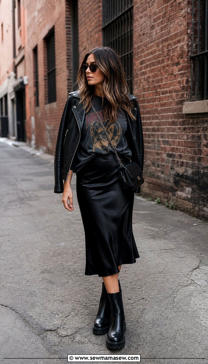 Satin Midi Skirt With Leather Jacket And Graphic Tee - 25 spring satin skirt outfit ideas