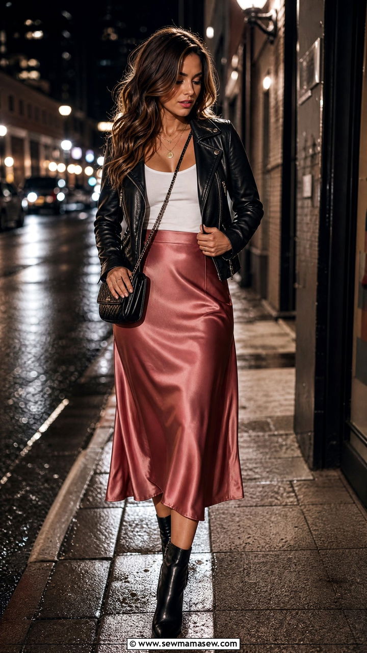 Satin Midi Skirt With Leather Jacket - 35 midi skirt outfit ideas for women