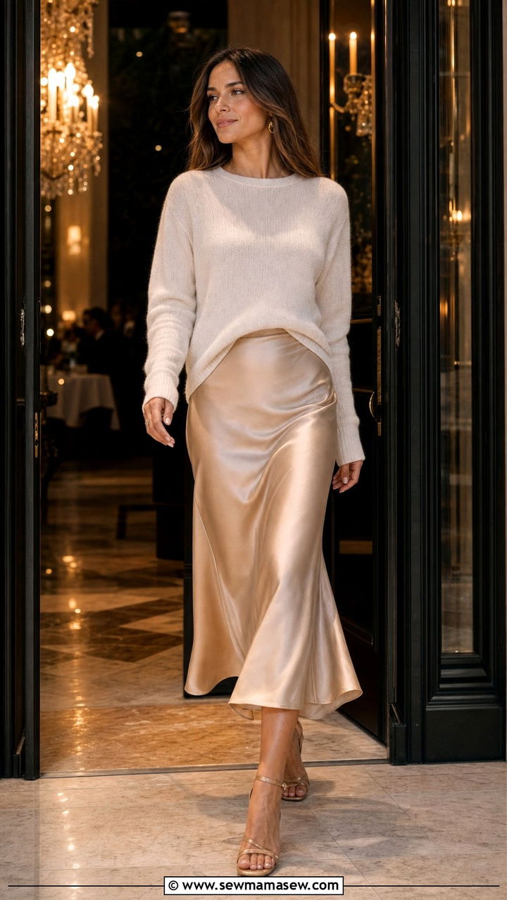 Satin Midi Skirt With Lightweight Sweater and Heeled Sandals - 25 Elevated spring outfit ideas 2026