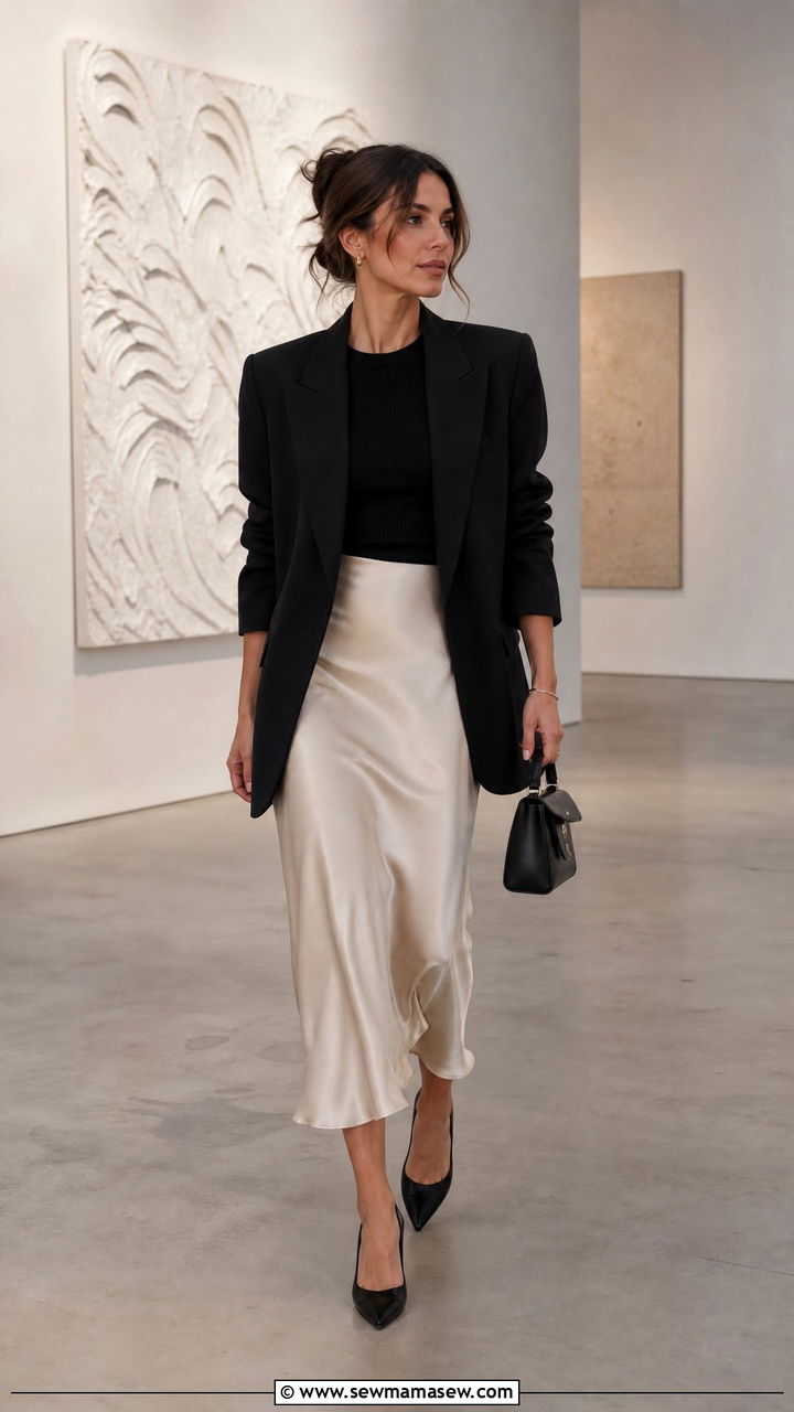 Satin Midi Skirt With Oversized Blazer Look - 30 Client meeting outfit ideas