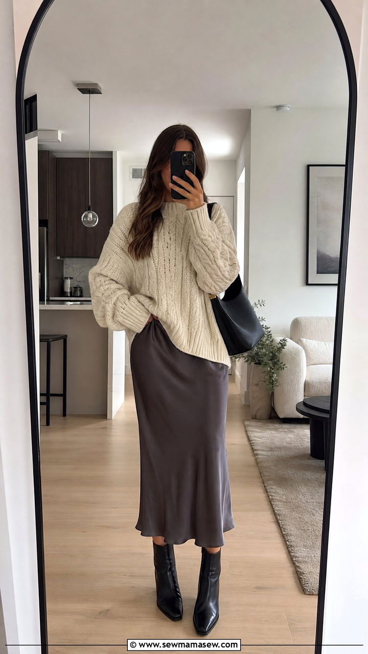 Satin Midi Skirt With Oversized Knit And Ankle Boots - 30 classy trendy outfits