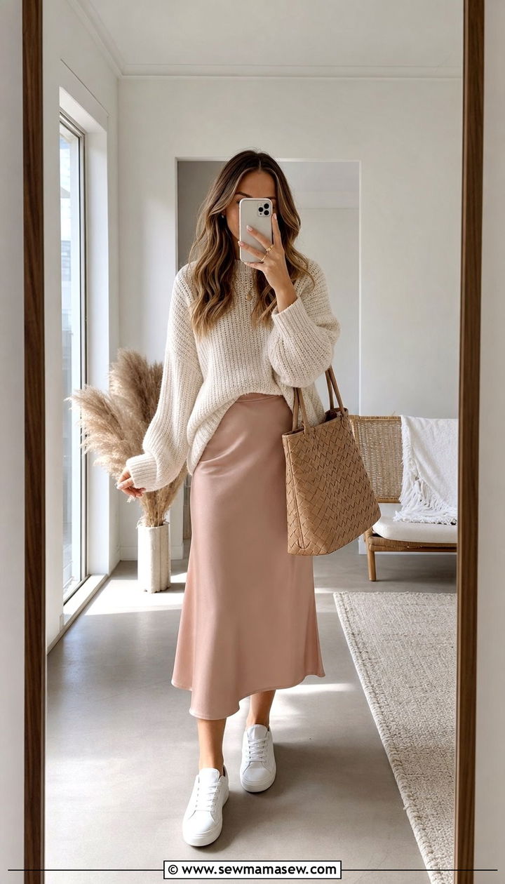 Satin Midi Skirt With Oversized Knit Sweater - 25 Early April outfit ideas