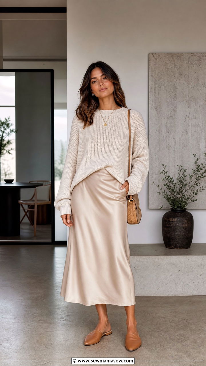Satin Midi Skirt With Oversized Sweater And Flat Mules - 30 Stylish spring outfit ideas 2026