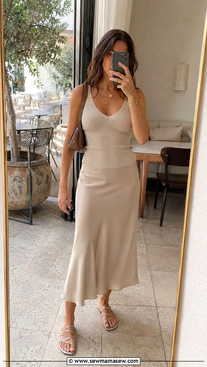 Satin Midi Skirt With Ribbed Knit Tank - 30 casual European summer outfits