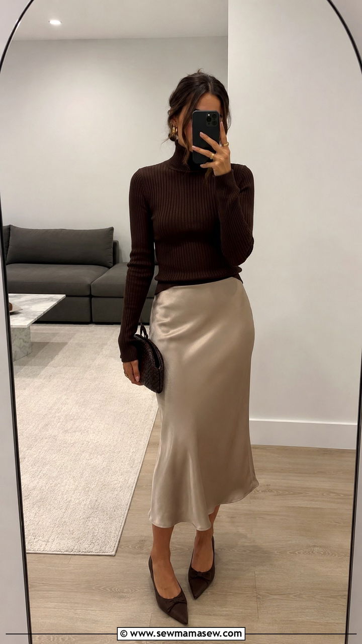 Satin Midi Skirt With Ribbed Turtleneck And Pointed Flats - 30 modest girls night out outfit ideas