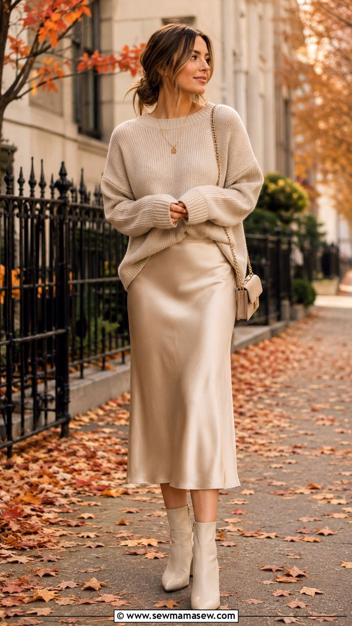 Satin Midi Skirt With Soft Knit Sweater - 30 romantic outfits to copy