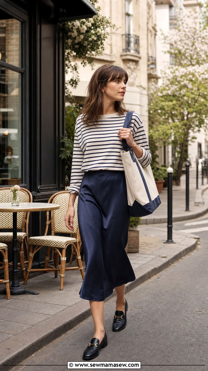 Satin Midi Skirt With Striped Breton Top And Loafers - 25 spring satin skirt outfit ideas