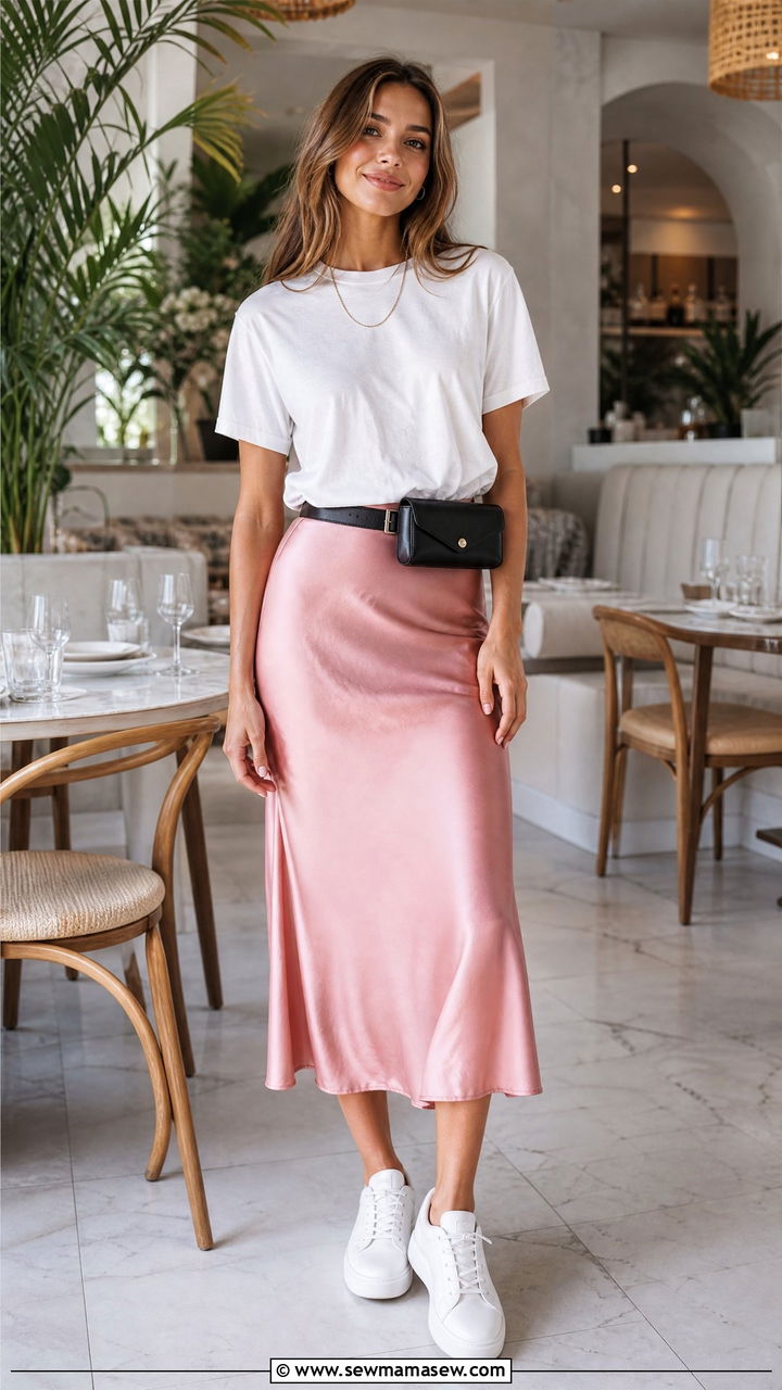 Satin Midi Skirt With T Shirt And Sneakers Brunch Outfit - 25 Brunch outfit ideas with sneakers