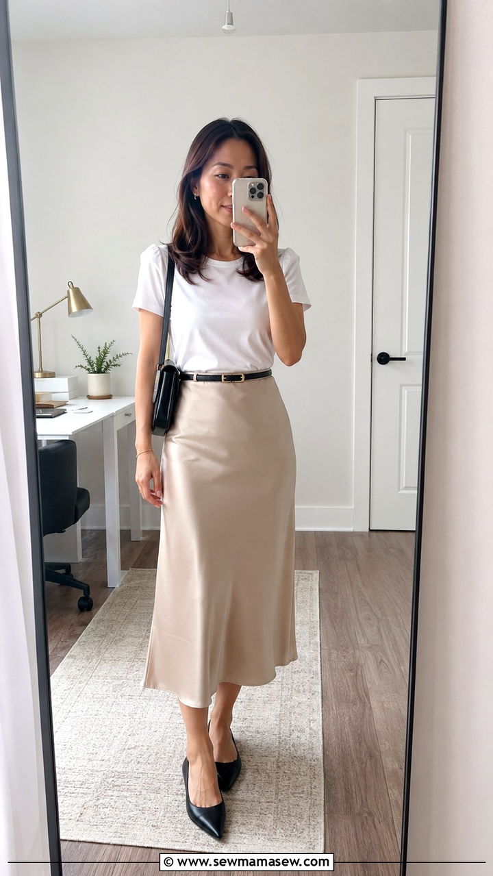 Satin Midi Skirt With Tucked Cotton Tee - 30 Petite work outfit ideas summer