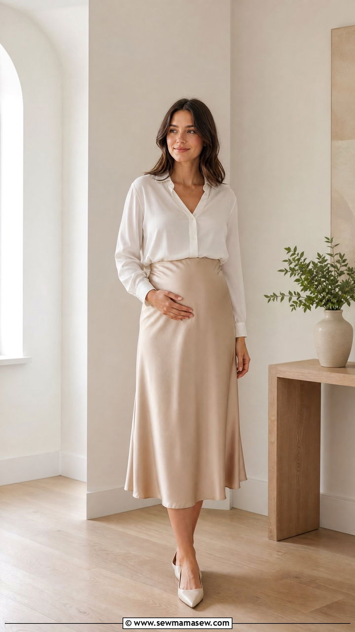Satin Midi Skirt With Tucked In Blouse First Trimester - 25 First trimester outfit ideas