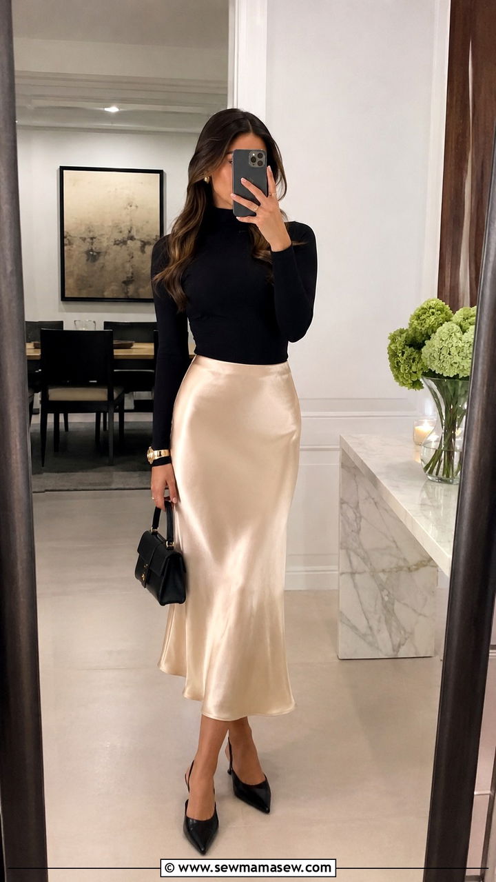 Satin Midi Skirt With Turtleneck Dinner Outfit - 30 modest dinner outfit ideas