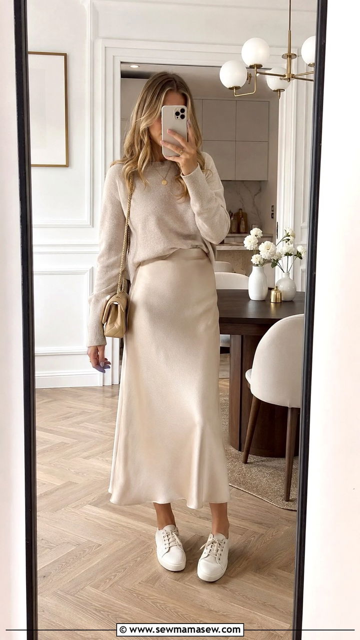 Satin Midi Skirt With a Sweater and Minimal Sneakers - 30 sneaker outfits