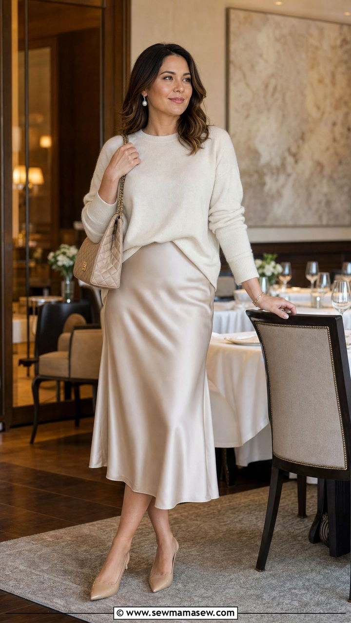 Satin Midi Skirt and Cashmere Sweater Outfit - 25 Cute outfits for midsize women