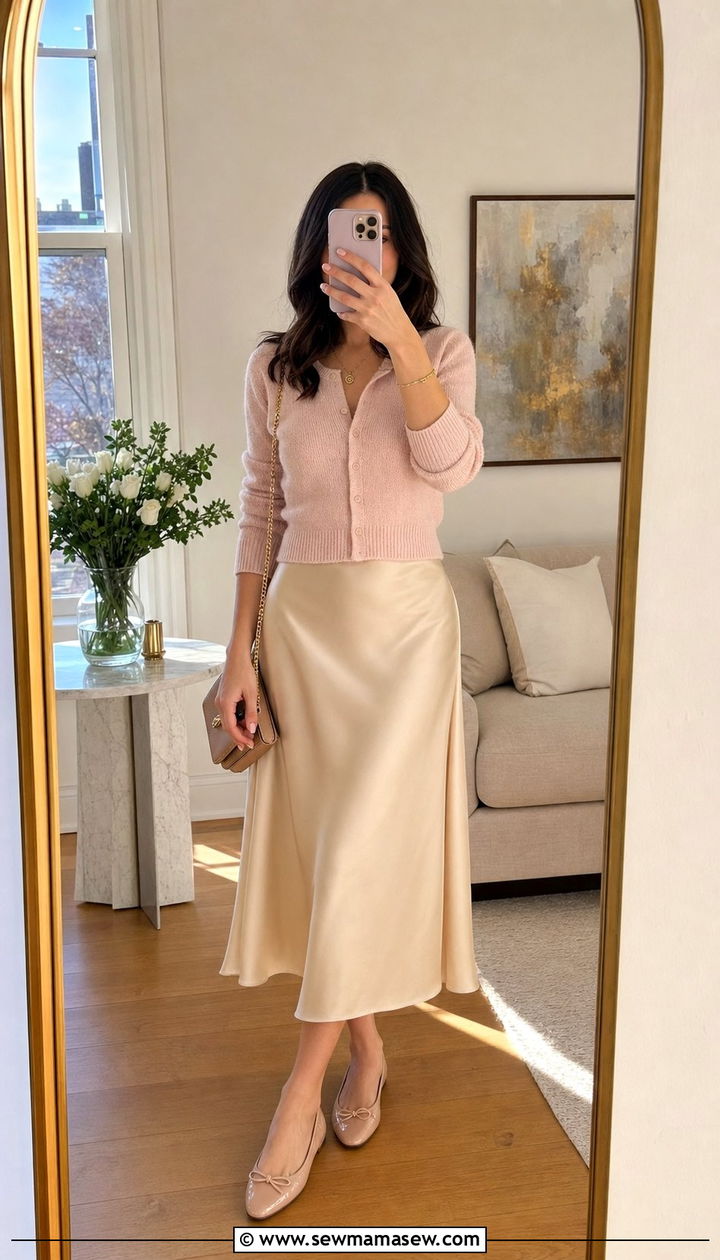 Satin Midi Skirt and Cropped Cardigan with Ballet Flats - 25 Spring outfits with ballet flats