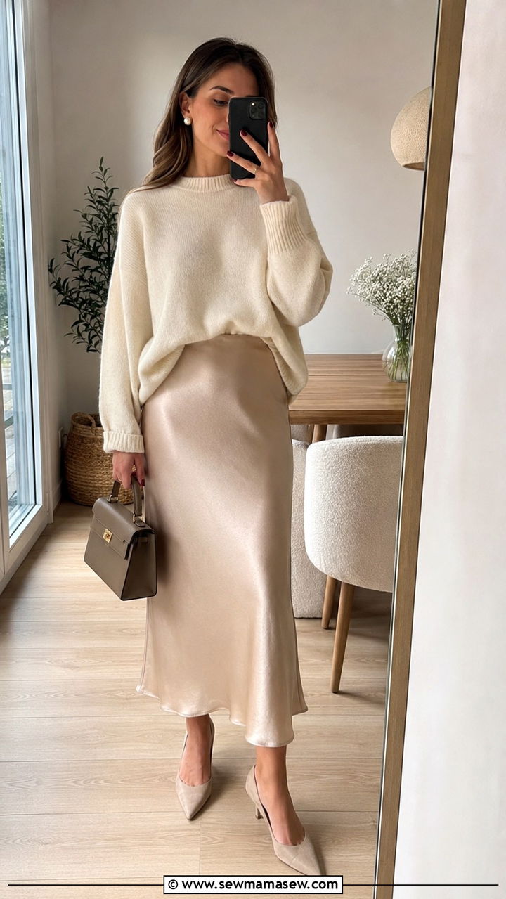Satin Midi Skirt and Knit Sweater Outfit - 25 Satin loungewear outfit ideas