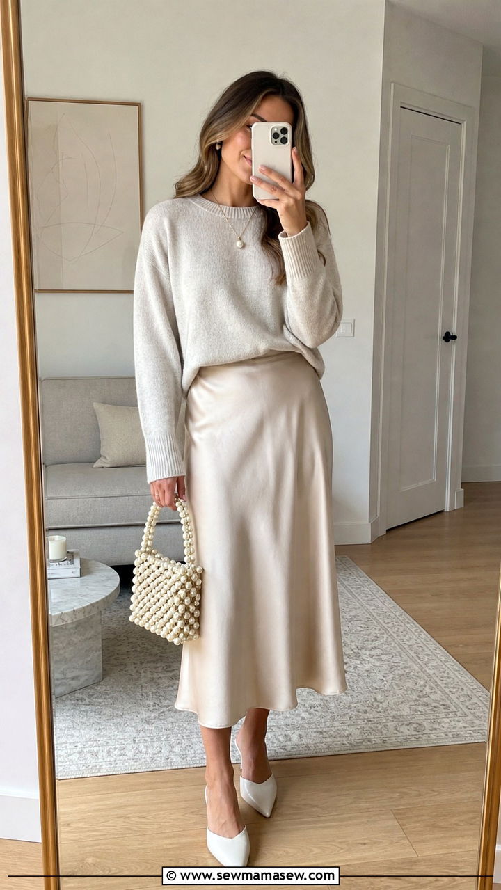 Satin Midi Skirt and Knit Top Spring Outfit - 40 Chic spring outfits