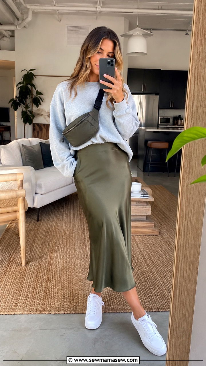 Satin Midi Skirt and Tucked In Sweatshirt Outfit - 30 spring midi skirt outfit ideas