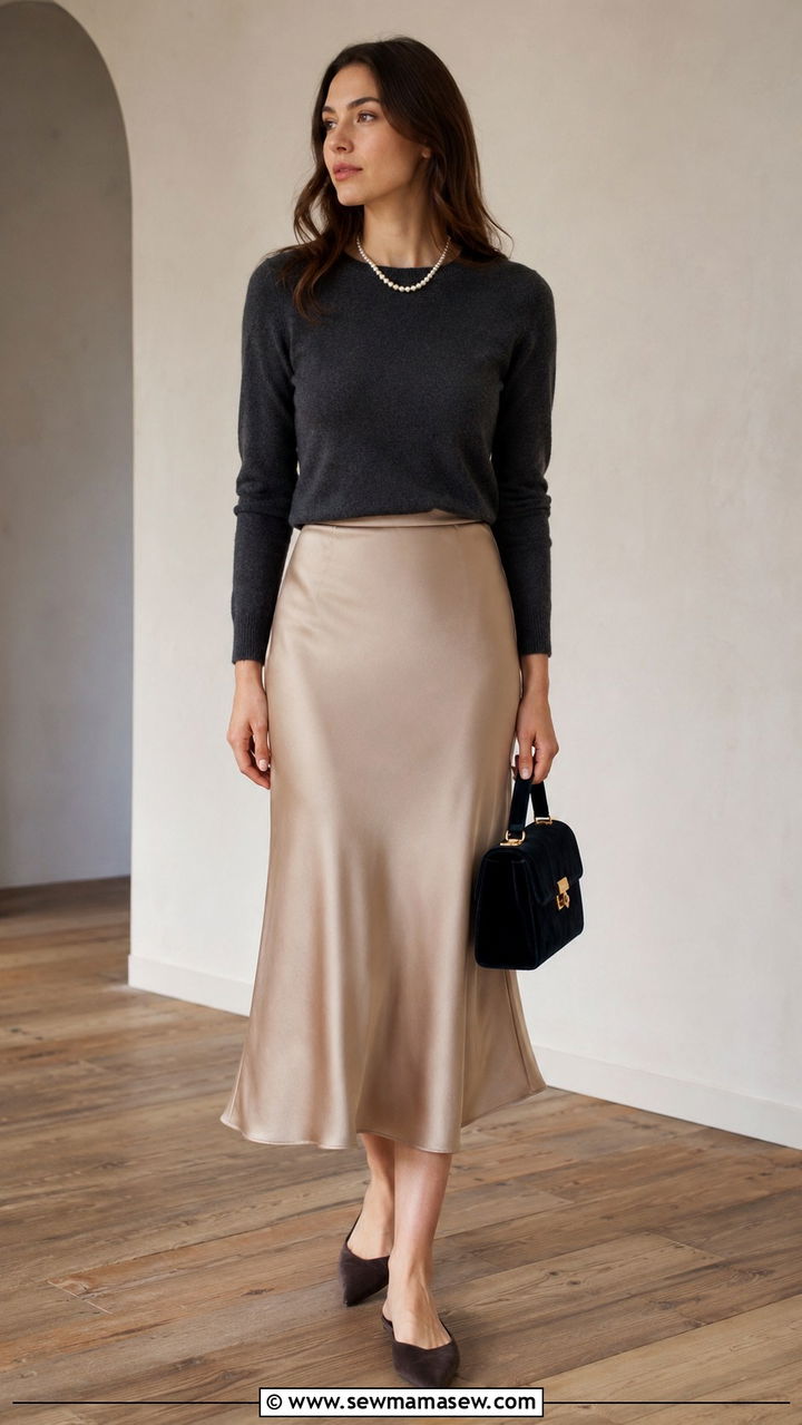 Satin Midi Skirt with Cashmere Crewneck - 30 business casual outfits ideas