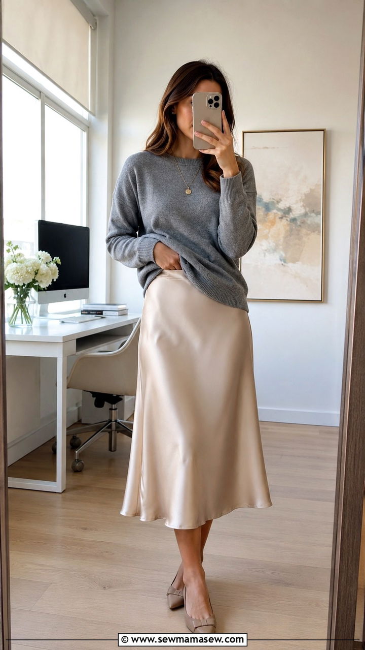 Satin Midi Skirt with Cashmere Sweater and Pointed Flats - 30 Modest outfit ideas for work