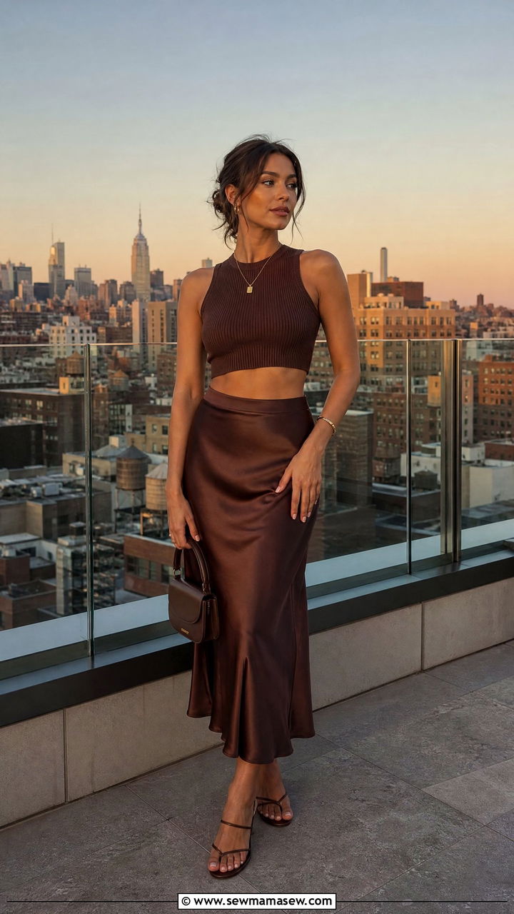 Satin Midi Skirt with Crop Top - 30 Summer satin outfits