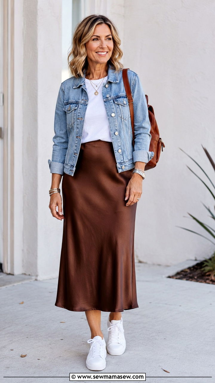 Satin Midi Skirt with Denim Jacket and White Sneakers - 25 satin skirt outfits for women over 40