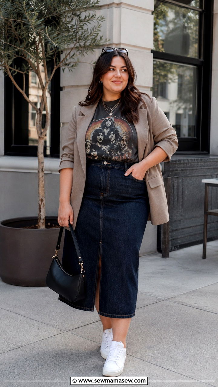 Satin Midi Skirt with Fitted Bodysuit - 30 Brunch outfit ideas plus size