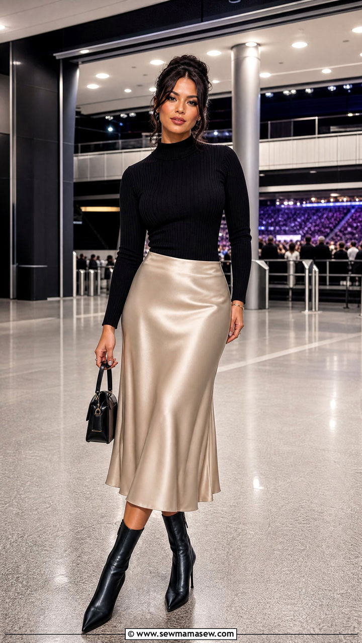 Satin Midi Skirt with Fitted Knit Top - 25 Arena concert outfit ideas
