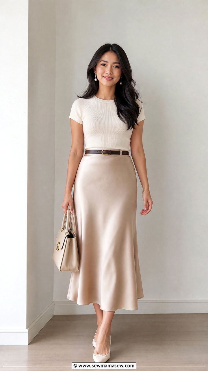 Satin Midi Skirt with Fitted Knit Top - 35 Graduation outfits for guests