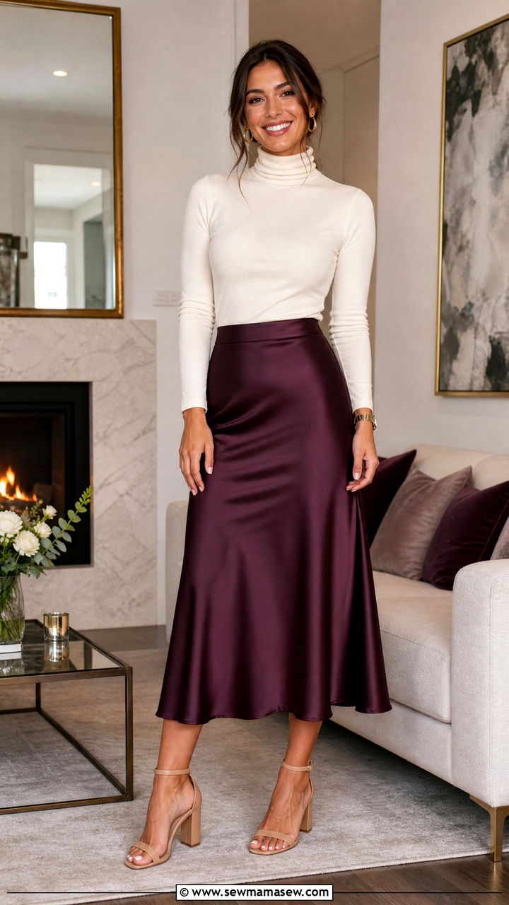 Satin Midi Skirt with Fitted Turtleneck - 25 Host outfit ideas for dinner party
