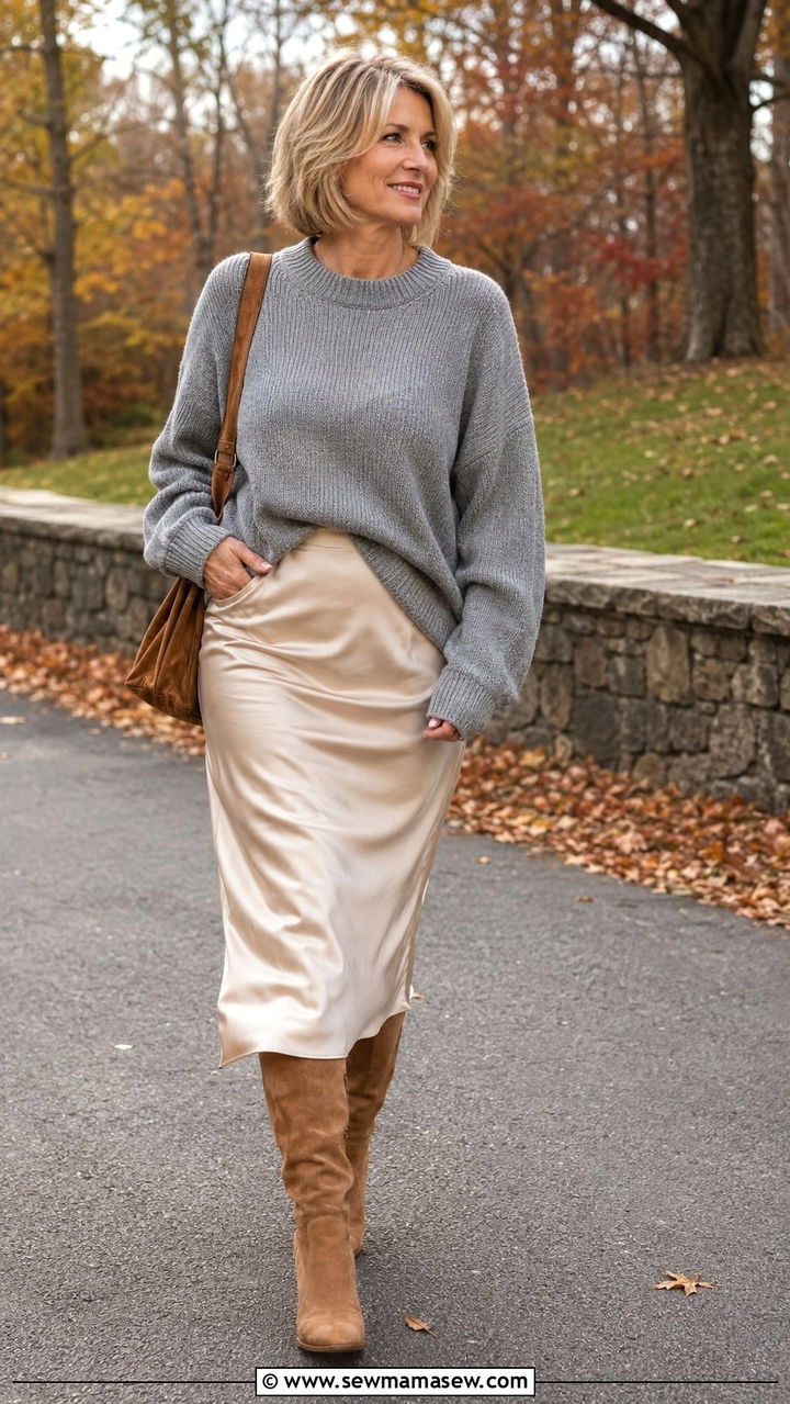 Satin Midi Skirt with Half Tucked Oversized Sweater and Knee High Boots - 25 satin skirt outfits for women over 40