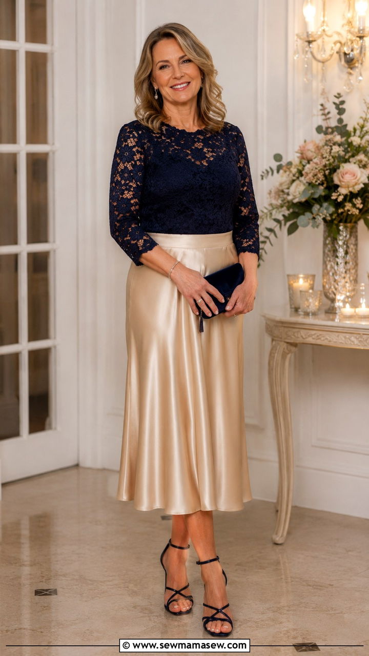 Satin Midi Skirt with Lace Top and Strappy Heels - 25 satin skirt outfits for women over 40