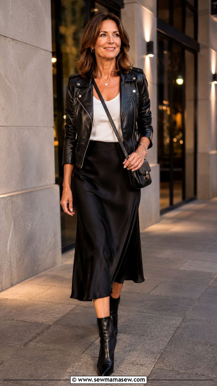 Satin Midi Skirt with Leather Jacket and Ankle Boots - 25 satin skirt outfits for women over 40