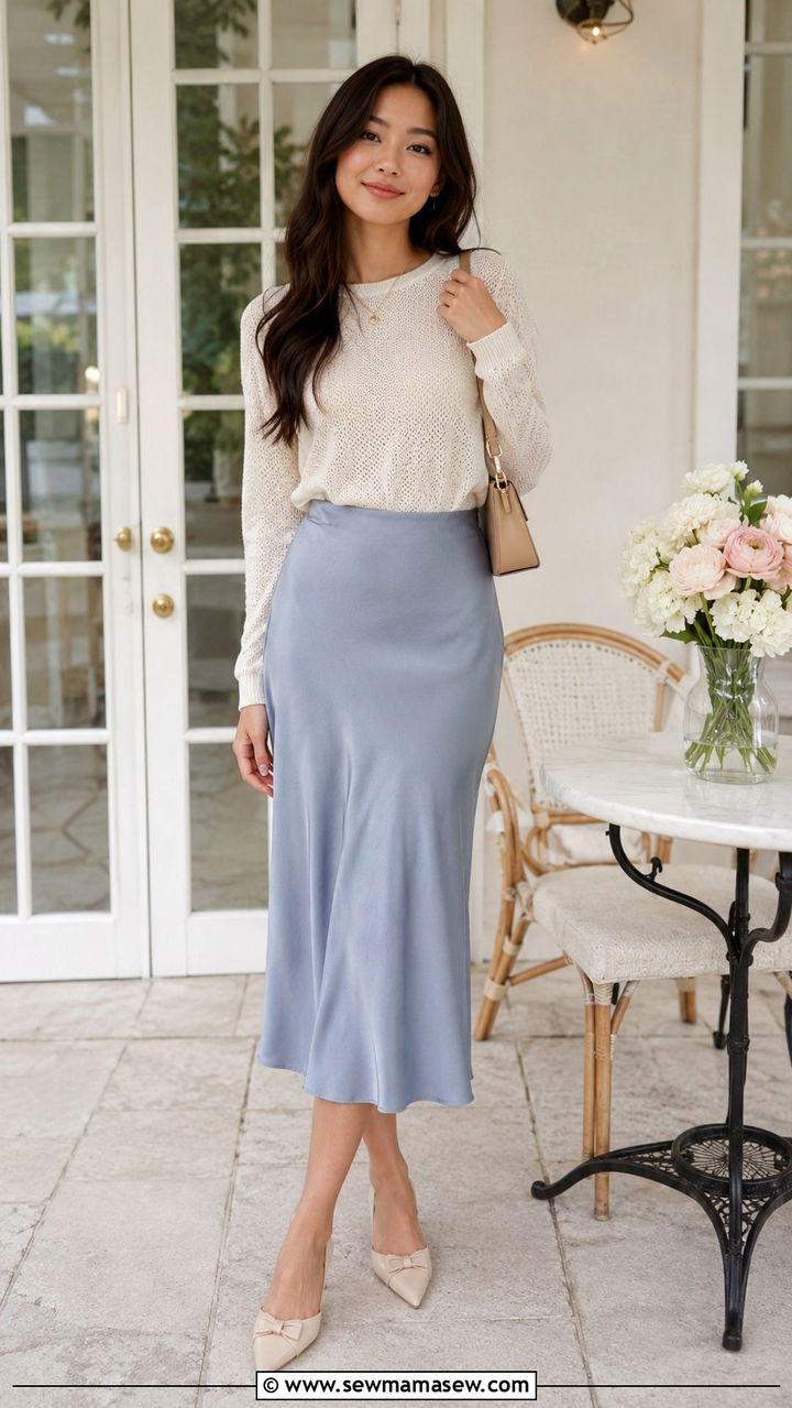 Satin Midi Skirt with Lightweight Knit - 30 Graduation brunch outfit ideas