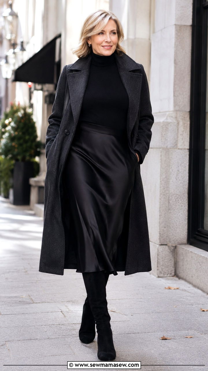 Satin Midi Skirt with Turtleneck and Knee High Boots - 25 satin skirt outfits for women over 40
