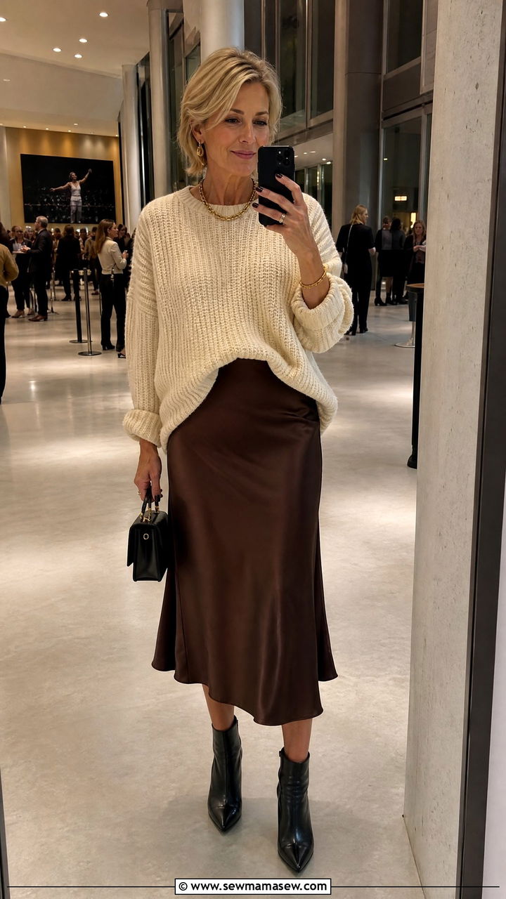 Satin Midi Skirt with a Chunky Knit Sweater - 30 Concert outfits for women over 50