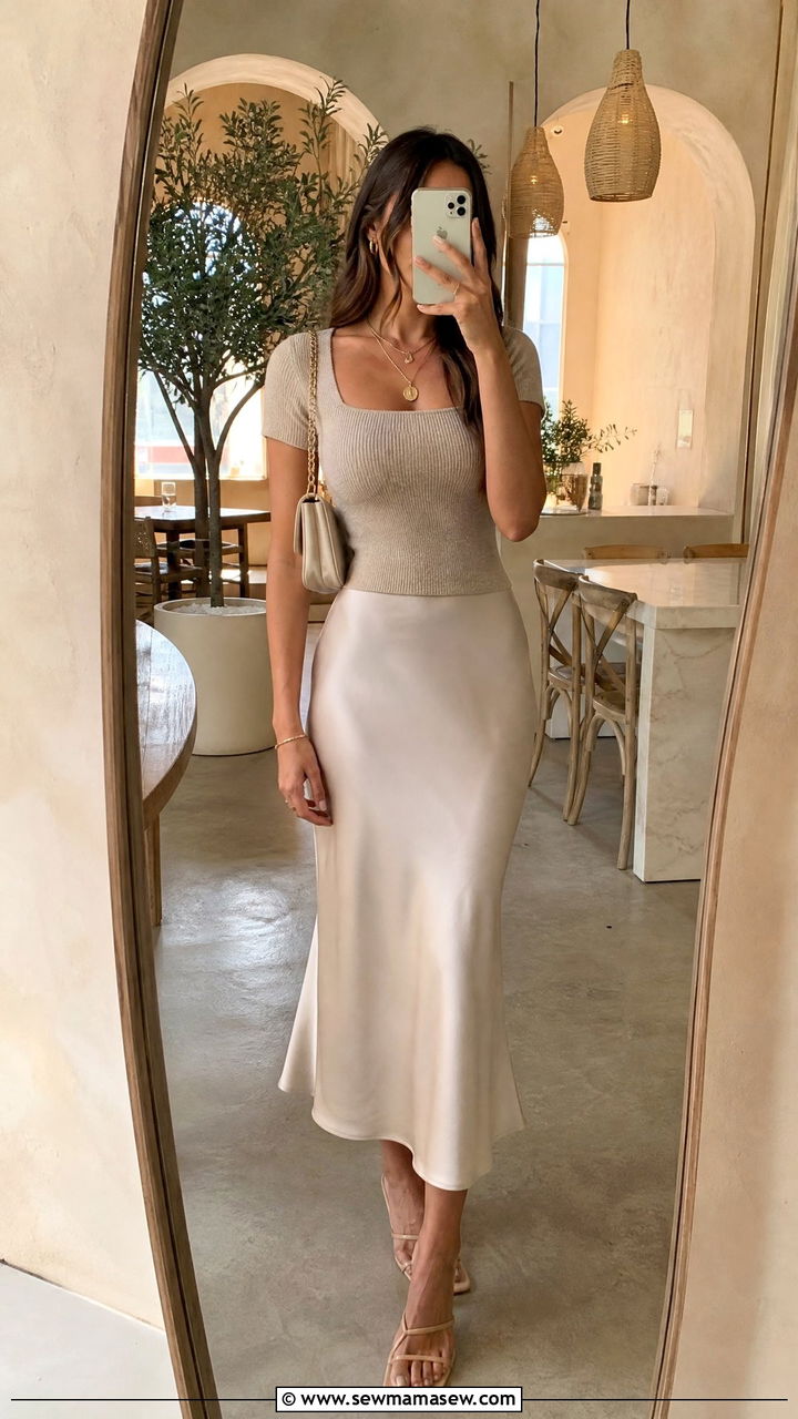 Satin Midi Skirt with a Fitted Knit Top - 30 Girls brunch outfit ideas