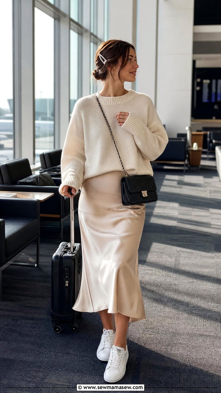 Satin Midi Skirt with a Relaxed Knit Sweater - 25 Loungewear outfit ideas for travel