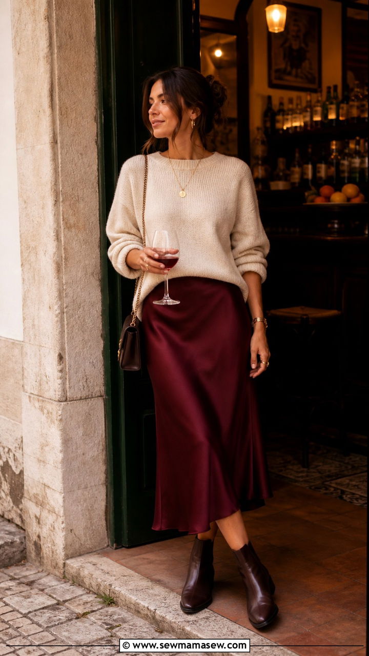 Satin Midi Skirt with a Relaxed Knit Sweater - 40 What to wear in Lisbon