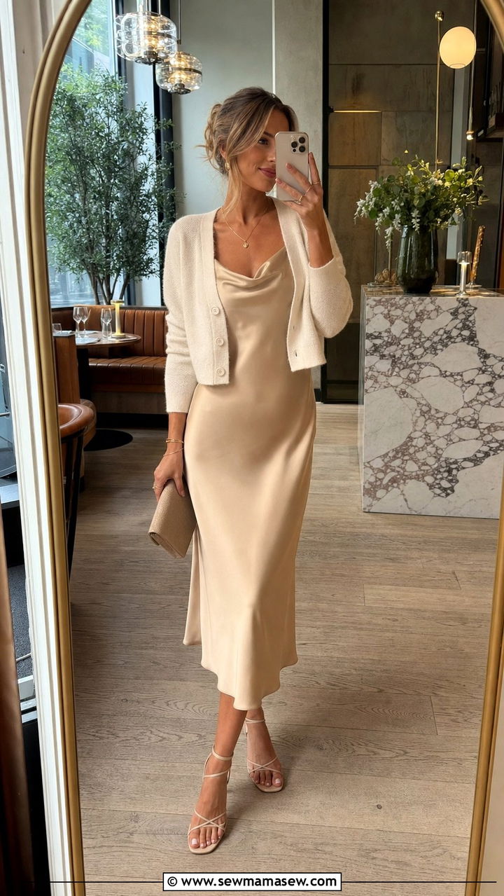 Satin Midi Slip Dress With Cropped Cardigan And Strappy Heels - 25 Slip dress outfit ideas with a cardigan