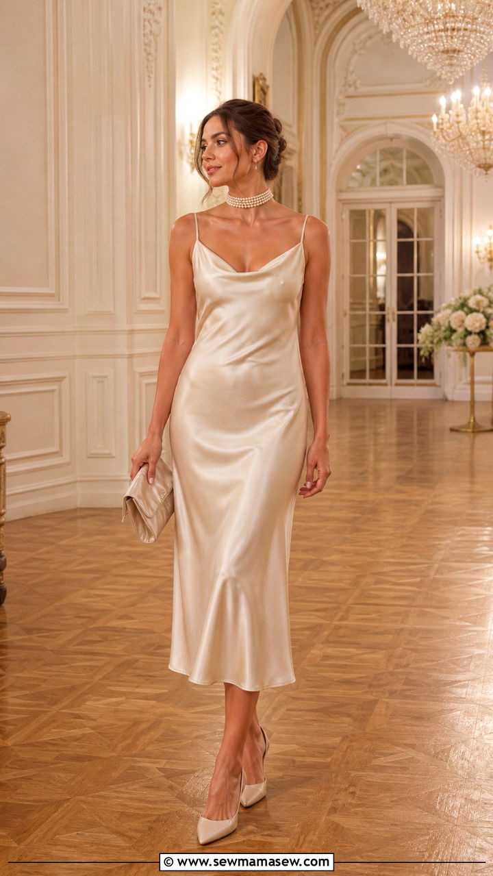 Satin Midi Slip Dress With Pearl Jewelry and Slingbacks - 40 old money outfit ideas for women