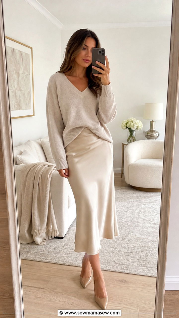 Satin Midi Slip Skirt with V Neck Cashmere Sweater - 40 Boss lady outfit ideas