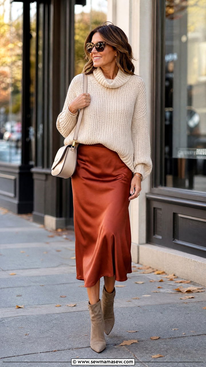 Satin Midi Slip Skirt with a Chunky Knit Sweater - 30 Sophisticated outfit ideas for women over 40