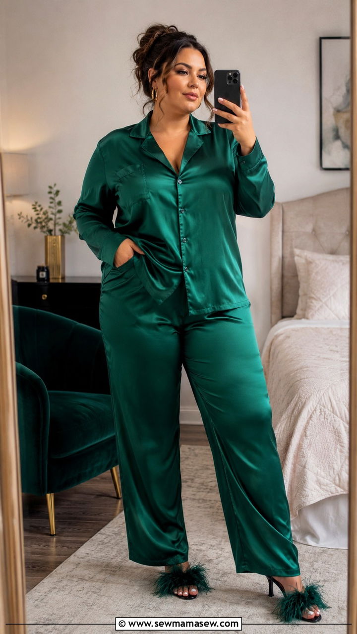 Satin Notch Collar Pajama Set With Heeled Slippers - 25 Pajama outfit ideas plus size