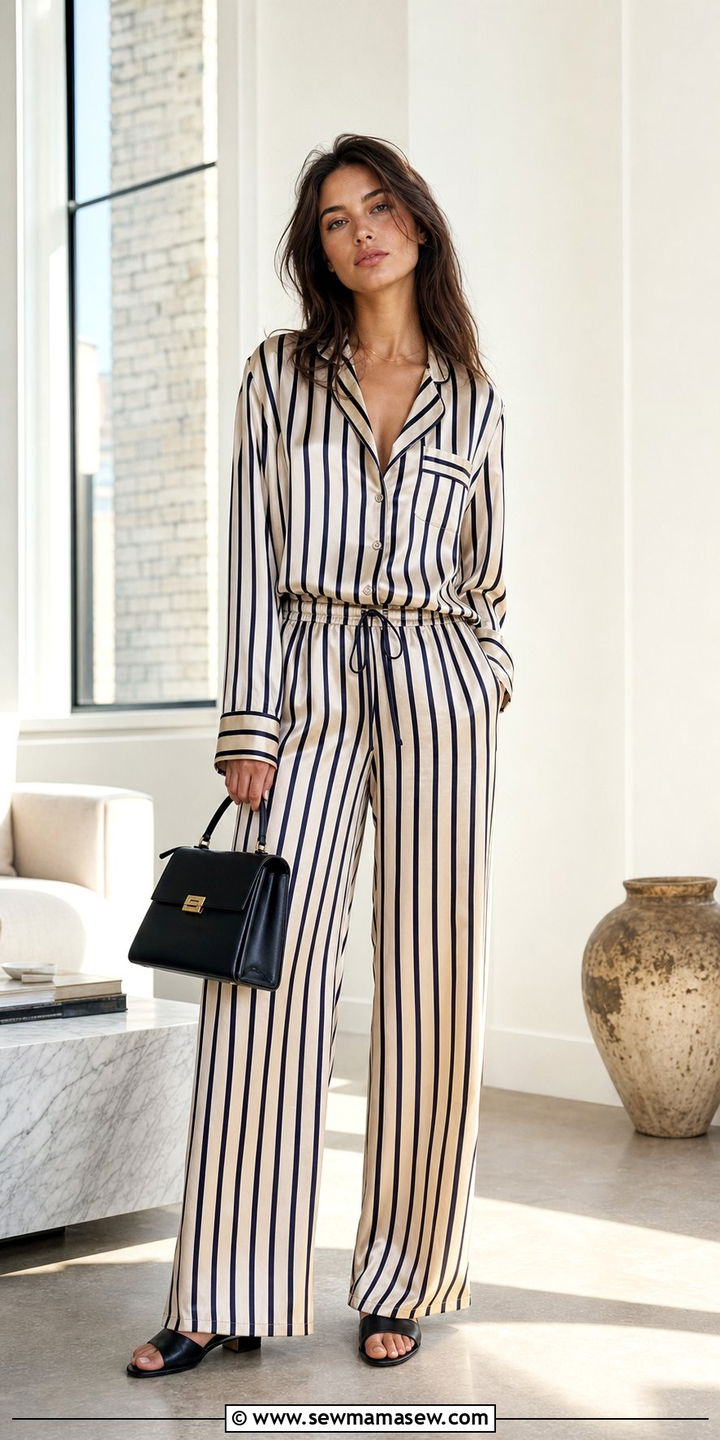 Satin PJ Set and Heeled Sandals - 25 summer model off duty outfit ideas