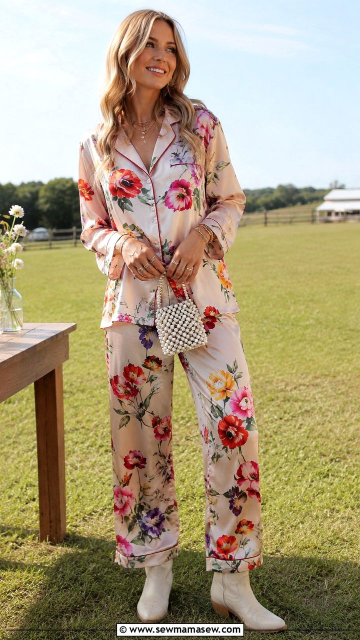 Satin Pajama Set With Cowboy Boots - 25 Satin loungewear outfit ideas