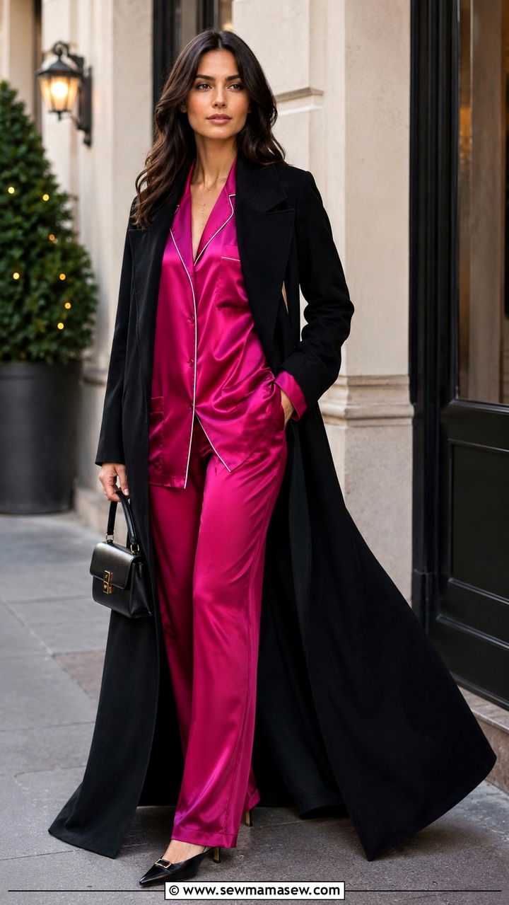 Satin Pajama Set With Long Coat and Heels - 25 Satin loungewear outfit ideas